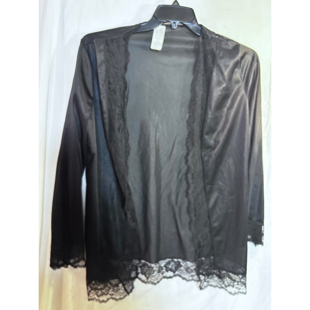 Under-Currents Robe Size M Black Lace Trim Nylon Open Front Vintage Women